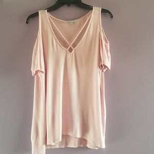 L Blush pink cold shoulder flowy top crisp cross